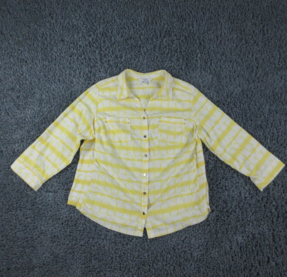 Coral Bay Shirt Womens 1X Yellow White Tie Dye Geometric Roll Tab Button up